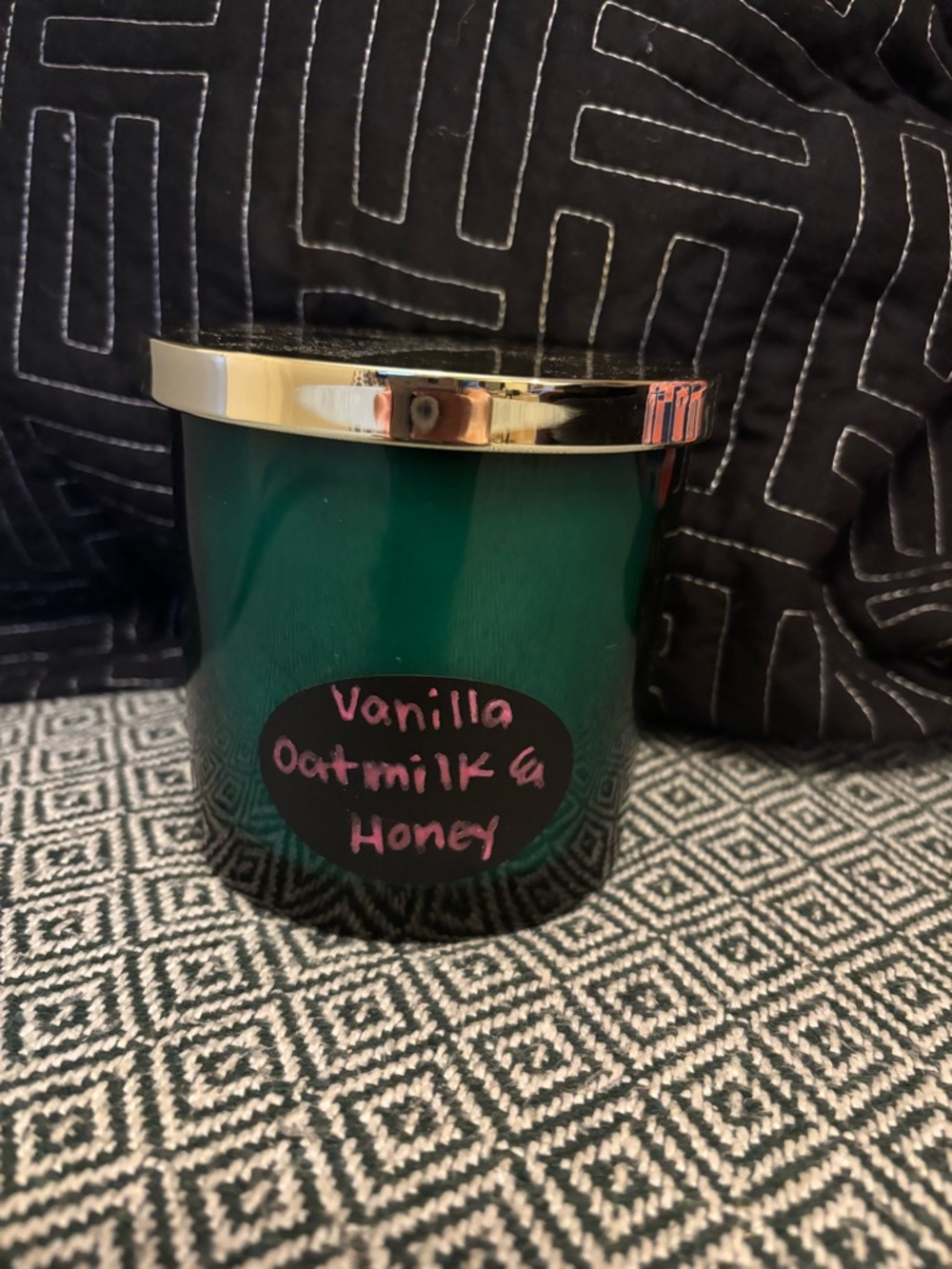 Vanilla Oatmilk & Honey Scented Green Glass 3 Wick Candle with Gold Lid
